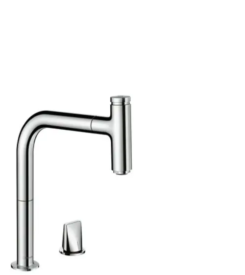 Hansgrohe Küchenarmatur mit Ausziehfunktion und Einhebelbedienung in Chrom. Der Wasserstrahl kann eingestellt werden. Kompakte Bauweise für einfache Nutzung.